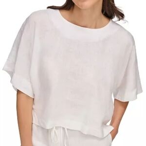 DKNY Pure Women's 100% Linen Drop Shoulder White Short-Sleeve Top Size Large NWT